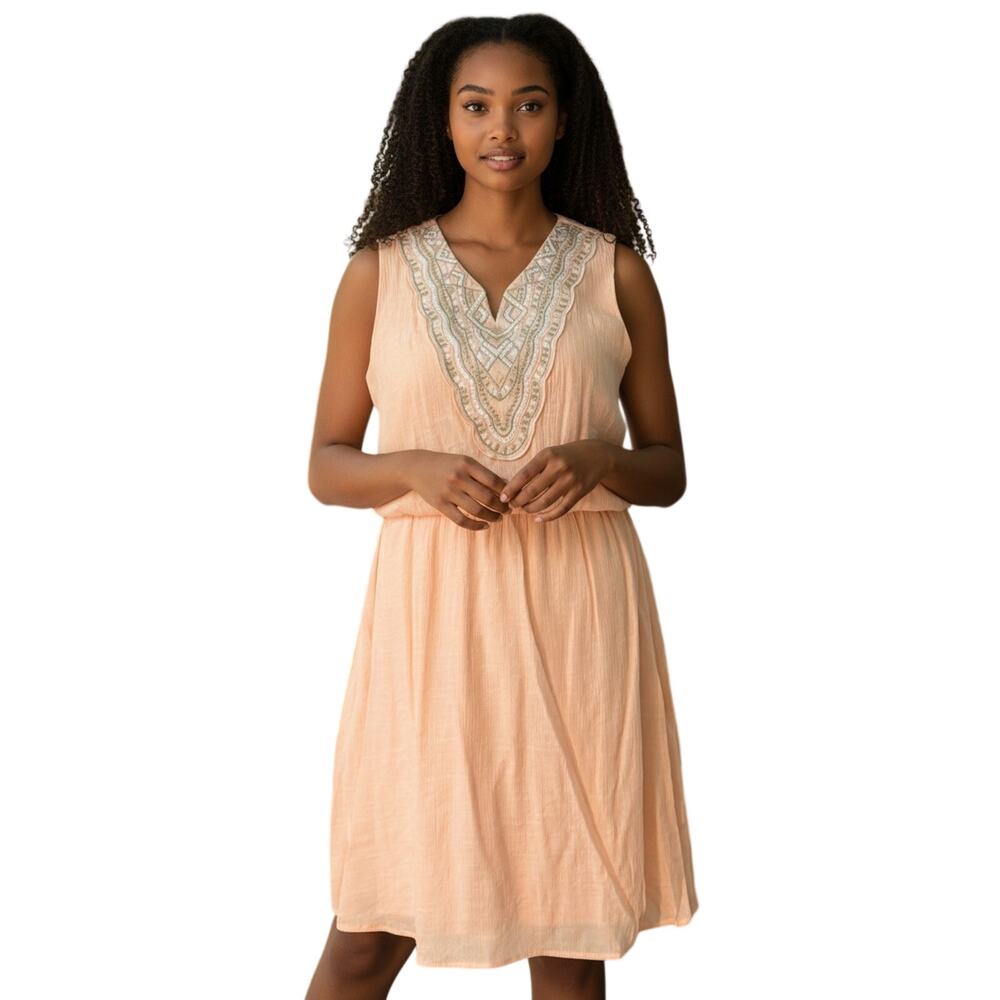 Cato Sz M Blouson Dress Split V-Neck Boho Embroidery Crinkle Gauze Pastel Peach